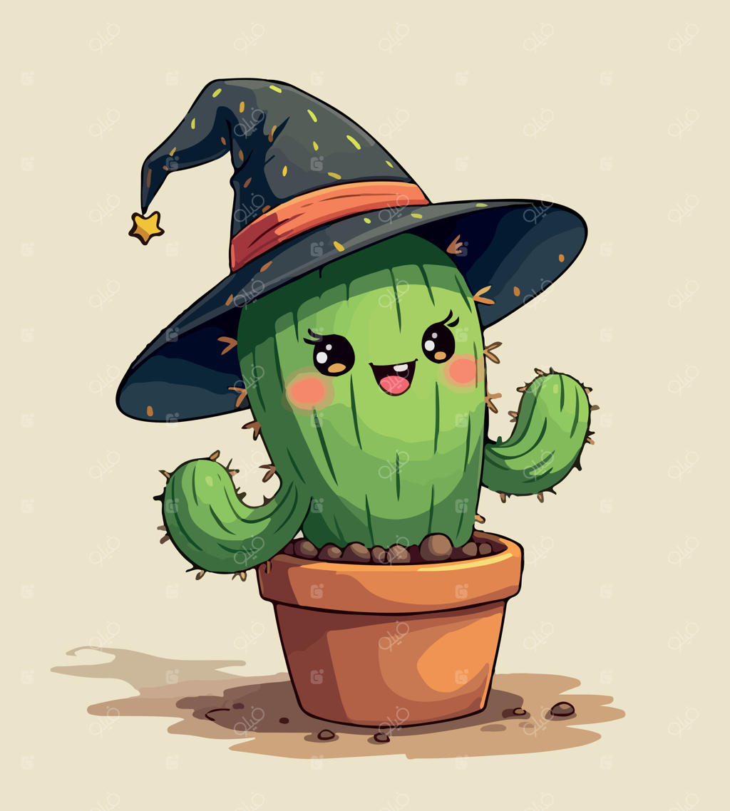 نقاشی کارتونی کاکتوس در گلدان با کلاه جادوگری