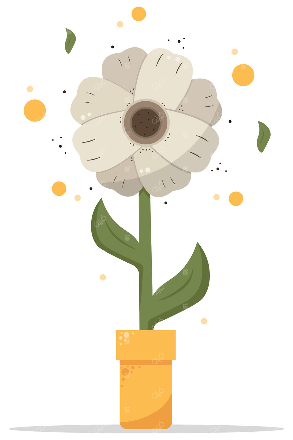 گل سفید در گلدان زرد: شکوفه زیبا با طراحی ساده و خال‌خالی