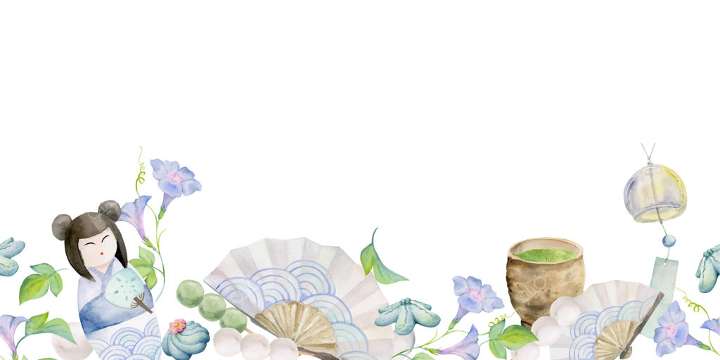مرز گسترده و یکپارچه از شیرینی‌های سنتی ژاپنی کشیده شده با آبرنگ با طراحی موچی واگاشی تابستانی برای دعوت‌نامه‌ها، منوی رستوران، کارت‌های تبریک و چاپ روی پارچه