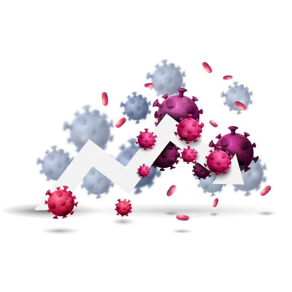 پیکان بزرگ سفید نمودار اقتصادی محاصره‌شده توسط مولکول‌های ویروس کرونا