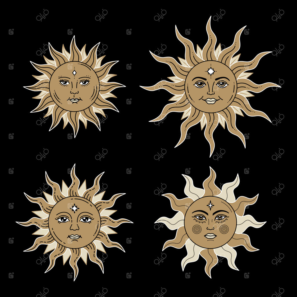 مجموعه‌ای از خورشیدهای آسمانی با چهره و چشمان باز، نقاشی استایل شده، کارت تاروت.