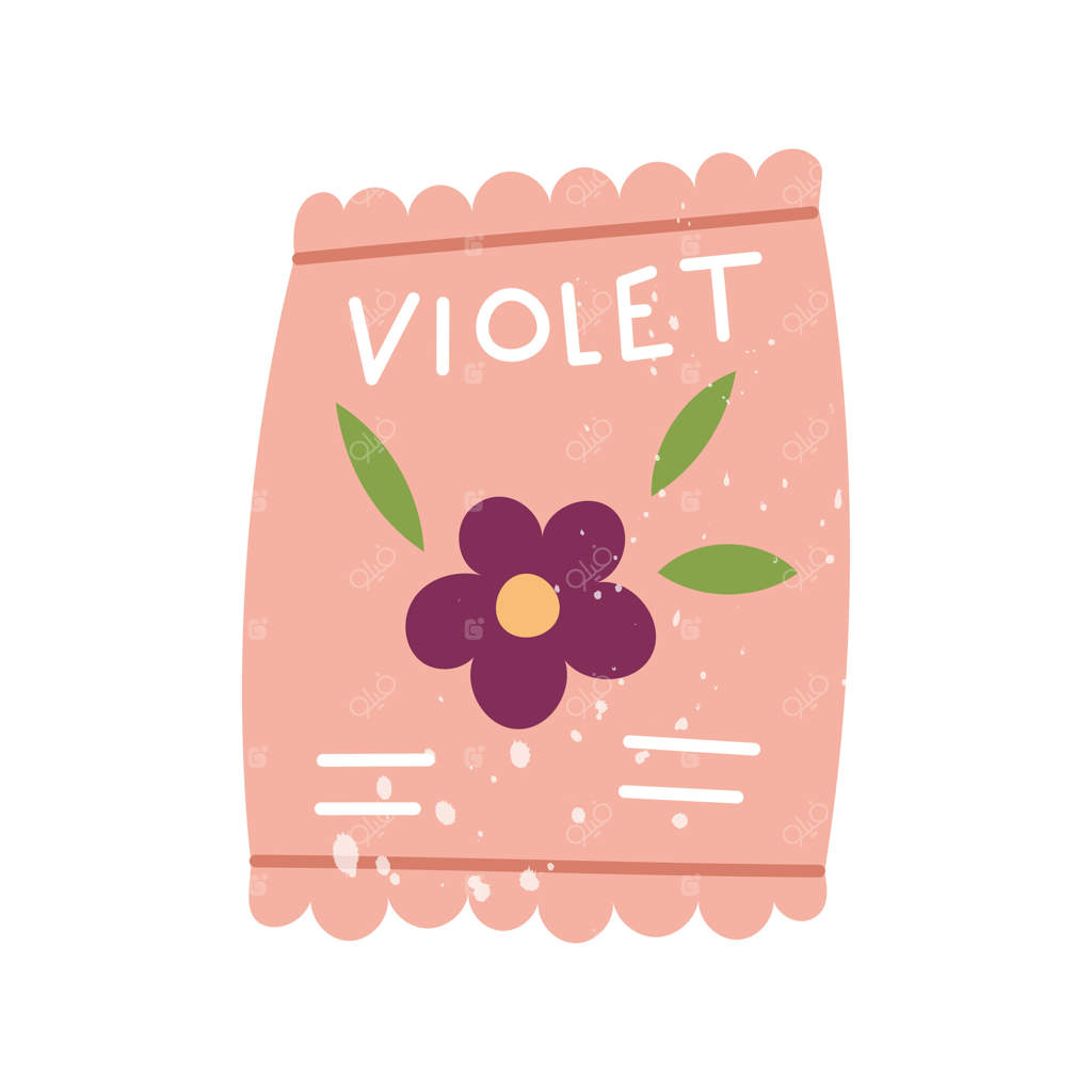 بسته‌بندی با بذرهای گل بنفشه. طراحی ساده و بافت‌دار. مناسب برای بسته‌بندی، پوسترها، استیکرها، تزئین محصولات باغبانی، وبلاگ‌ها و گل‌فروشی‌ها. بهار، کاشت در خاک.