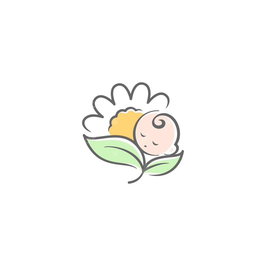 لوگوی مسکات نوزاد خوابیده در گل بابونه با آرامش؛ تصویرسازی رویای شیرین و خواب نوزاد بامزه