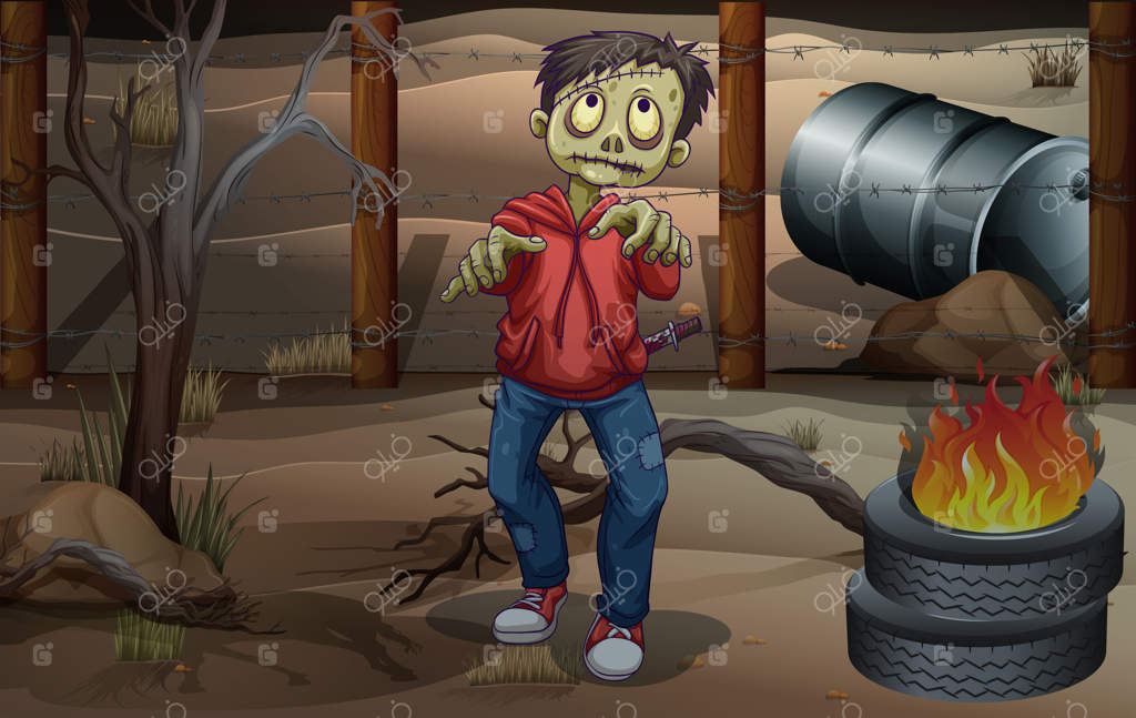 زامبی در کنار لاستیک‌های در حال سوختن