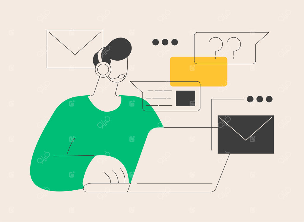 تصویرسازی وکتور با مفهوم انتزاعی تماس با ما؛ المان نوار منوی رابط کاربری وب‌سایت شامل اطلاعات اداری، شماره تلفن، آدرس و ایمیل