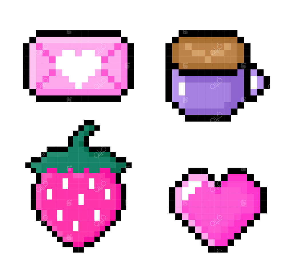 مجموعه‌ای جذاب از آیکون‌های پیکسلی - قلب، توت‌فرنگی، فنجان قهوه، نامه روی زمینه سفید. تصویرسازی به سبک رترو 8 بیتی. مناسب برای برچسب‌ها، لوگو و طراحی‌های مختلف.