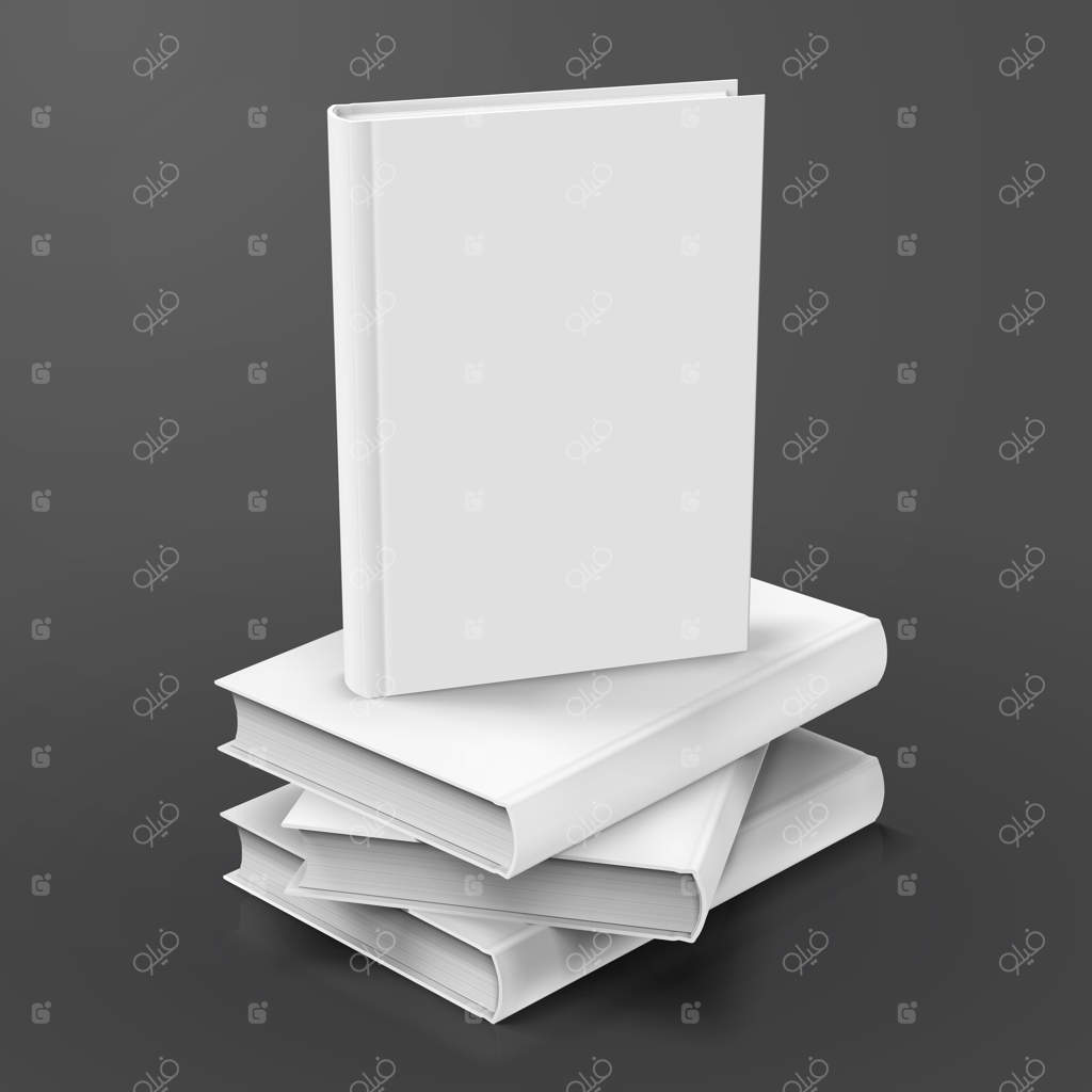کتاب‌های جلد سخت و بدون نوشته روی پس‌زمینه خاکستری تیره در تصویر سه‌بعدی جمع شده‌اند