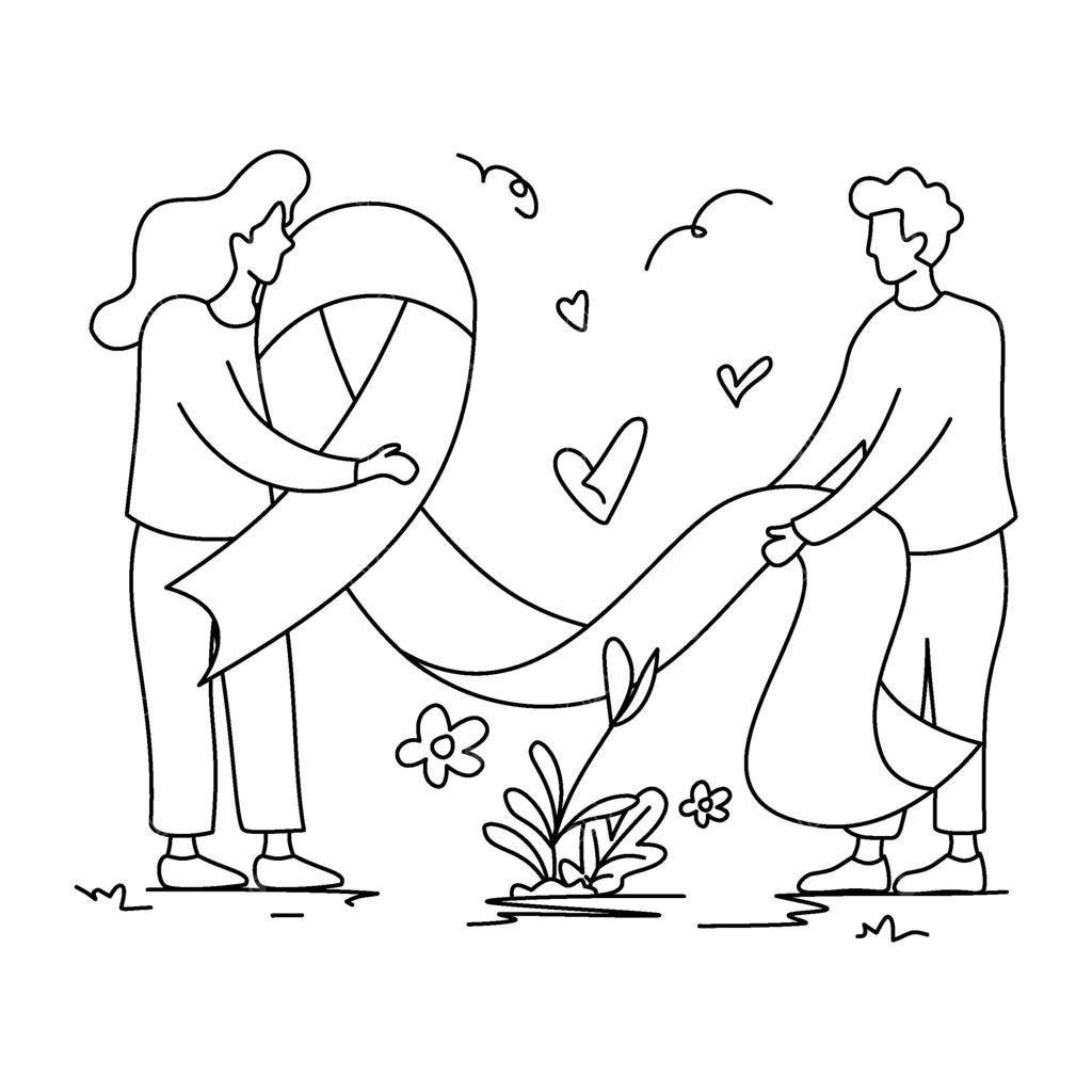 تصویر خطی زوجی در حال نگه‌داشتن روبانی با قلب‌ها و گل‌ها