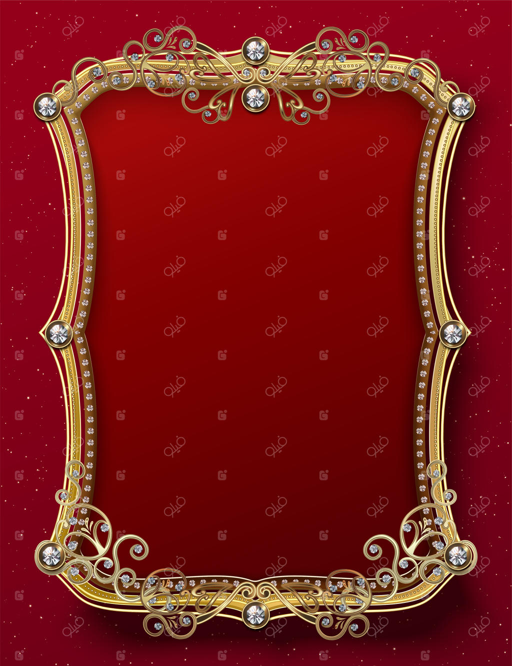 قالب قاب طلایی با شکوه با الماس‌ها روی پس‌زمینه قرمز