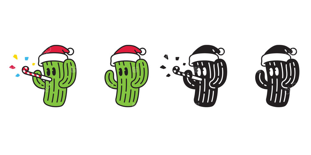 نماد کاکتوس کریسمس با کلاه بابا نوئل و آب‌نبات چوبی – طراحی کاراکتر کارتونی برای لوگو باغ و گیاهان