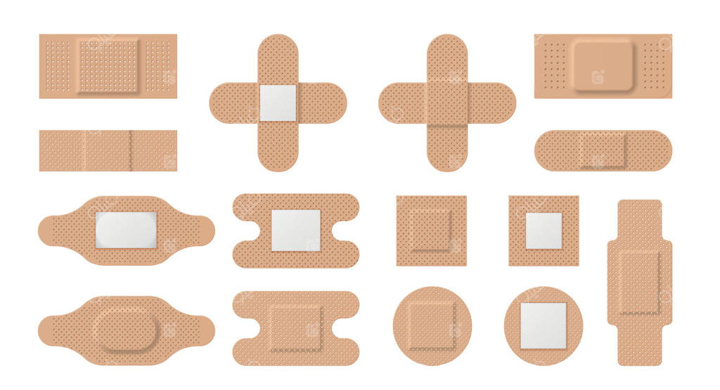 چسب‌های پزشکی واقعی، پچ‌ها و نوارهای کمک‌های اولیه. نوار چسب الاستیکی برای زخم. مجموعه وکتور بانداژ چسبی متقاطع با سوراخ‌کاری