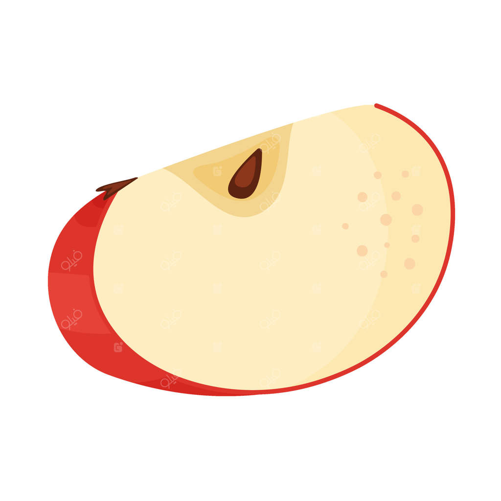 قطعه یا برش سیب سرخ و رسیده، میوه تازه باغ. نقاشی دست‌کشیده مواد غذایی. برش سیب قرمز تازه، سبک مسطح و جدا شده بر روی پس‌زمینه شفاف. تصویر سیب سرخ خوشمزه