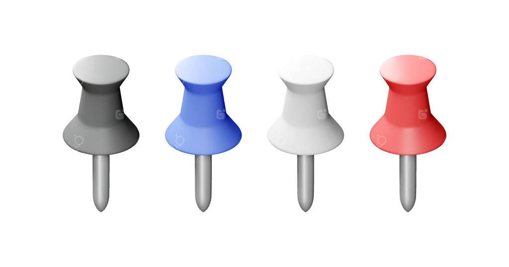 مجموعه سه‌بعدی از پونزهای رنگی روی زمینه سفید. رندر پونز پلاستیکی برای ابزار تحصیل و کار. لوازم‌التحریر