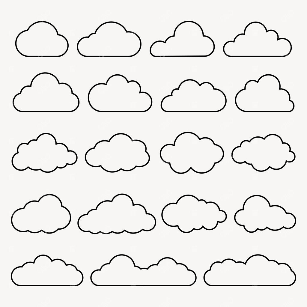 مجموعه ۱۶ آیکون ابر در اشکال مختلف، طراحی‌های ساده ابر با خطوط مشکی، مناسب برای اپلیکیشن‌های آب و هوا، فضای ذخیره‌سازی ابری یا گرافیک دیجیتال، مجموعه وکتور آب و هوایی