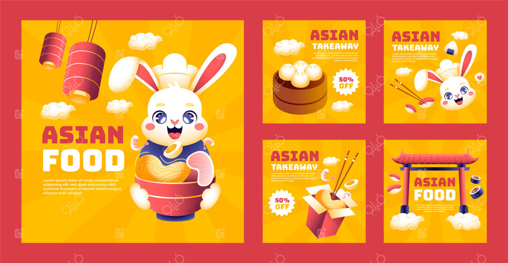 مجموعه پست‌های اینستاگرامی غذاهای آسیایی با طراحی دست