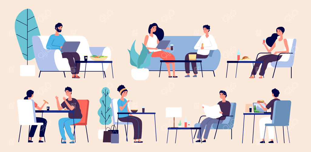 مردم در حال غذا خوردن: آرامش زنان و مردان با غذا. افراد در رستوران، کافه، یا فودکورت. تصویر افراد نشسته در رستوران بر سر میز.