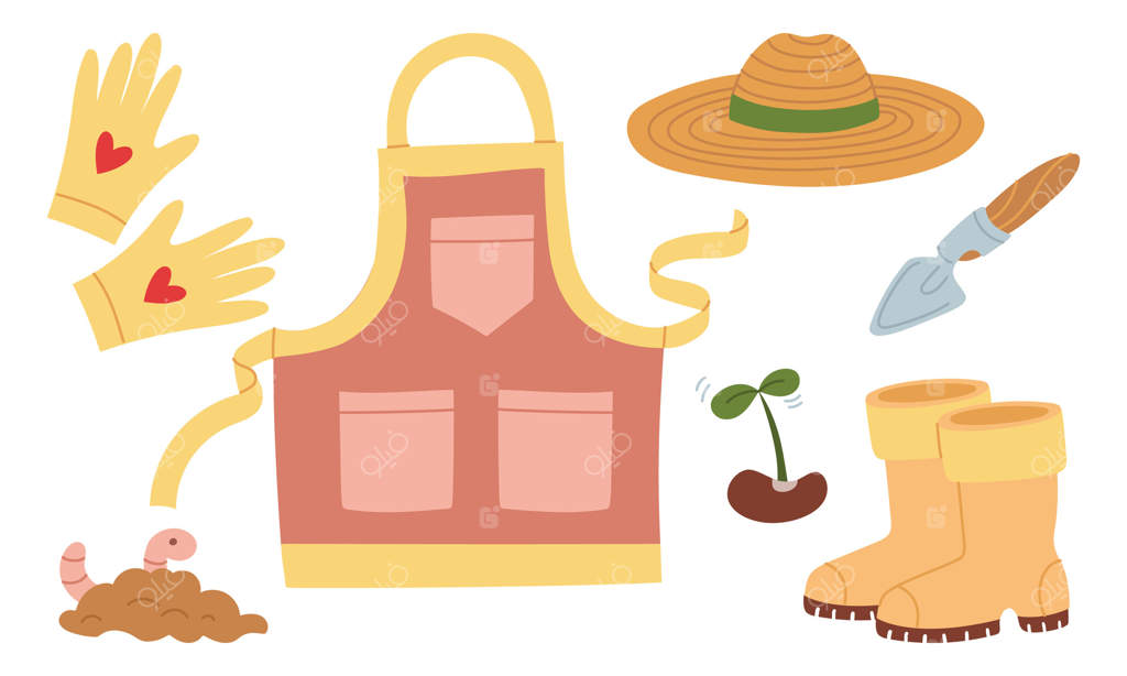 مجموعه برای کاشت و نگهداری باغ: لباس باغبانی، جوانه، کرم در خاک، بیل. تصویر ساده و جذاب. مناسب برای وبلاگ‌های باغبانی و بسته‌بندی محصولات باغی.