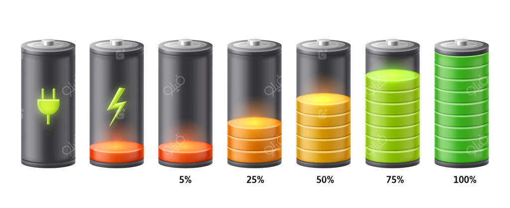 انیمیشن نشانگر شارژ باتری: مراحل فرآیند شارژ باتری‌های قابل شارژ، نماد اتصال شارژر و مقیاس ظرفیت باتری