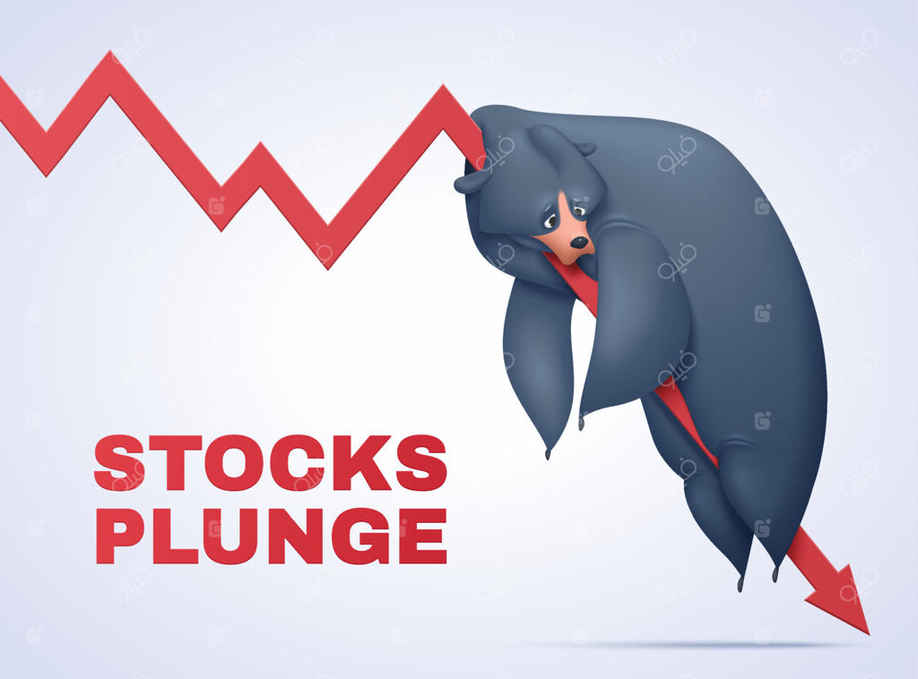سقوط جهانی سهام و ورود به بازار نزولی به دلیل شیوع ویروس کرونا؛ خرس سیاهی در حالتی کارتونی بر روی پیکان نزولی افتاده است.
