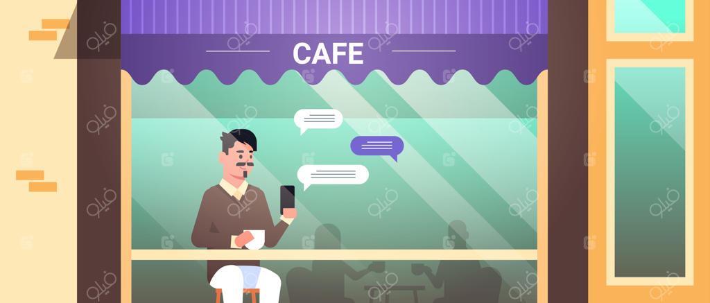 مردی در حال استفاده از برنامه چت موبایل و شبکه‌های اجتماعی در حال نشستن پشت میز