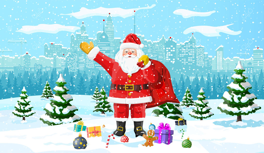 بابانوئل با هدایای کریسمس، درخت کاج و برف