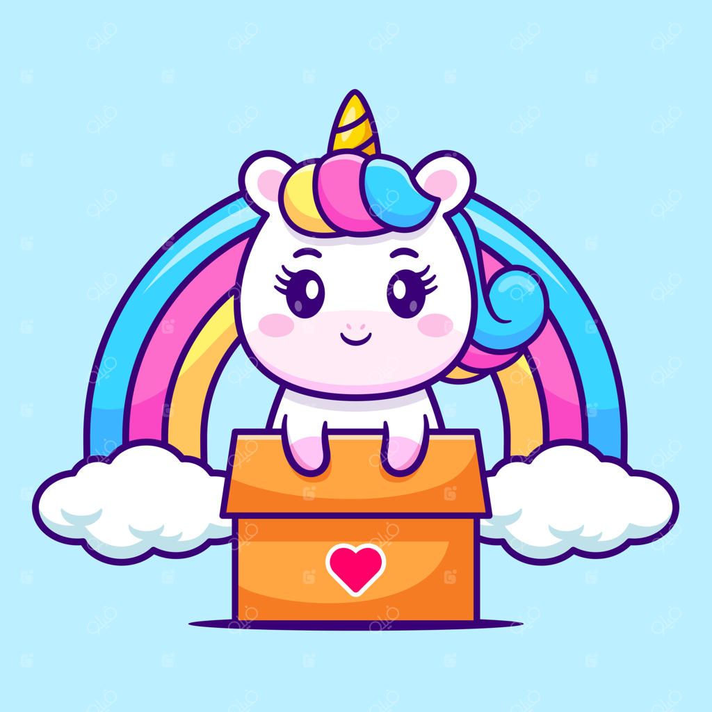 آیکون کارتونی تک‌شاخ بامزه در جعبه با رنگین‌کمان. مفهوم آیکون طبیعت حیوانی، وکتور پریمیوم ایزوله شده. سبک کارتونی تخت.