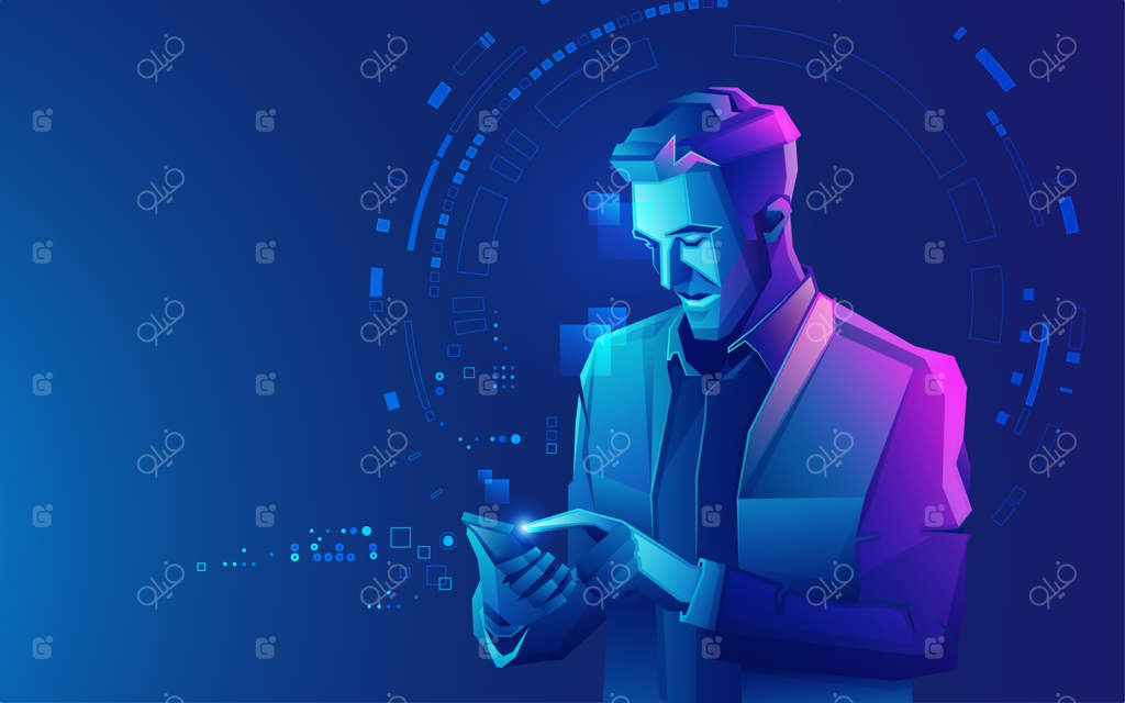 طراحی شخصیت فرد دیجیتالی، گرافیک کاربر موبایل یا مرد تجاری به سبک پلی‌گونال با عناصر آینده‌نگرانه