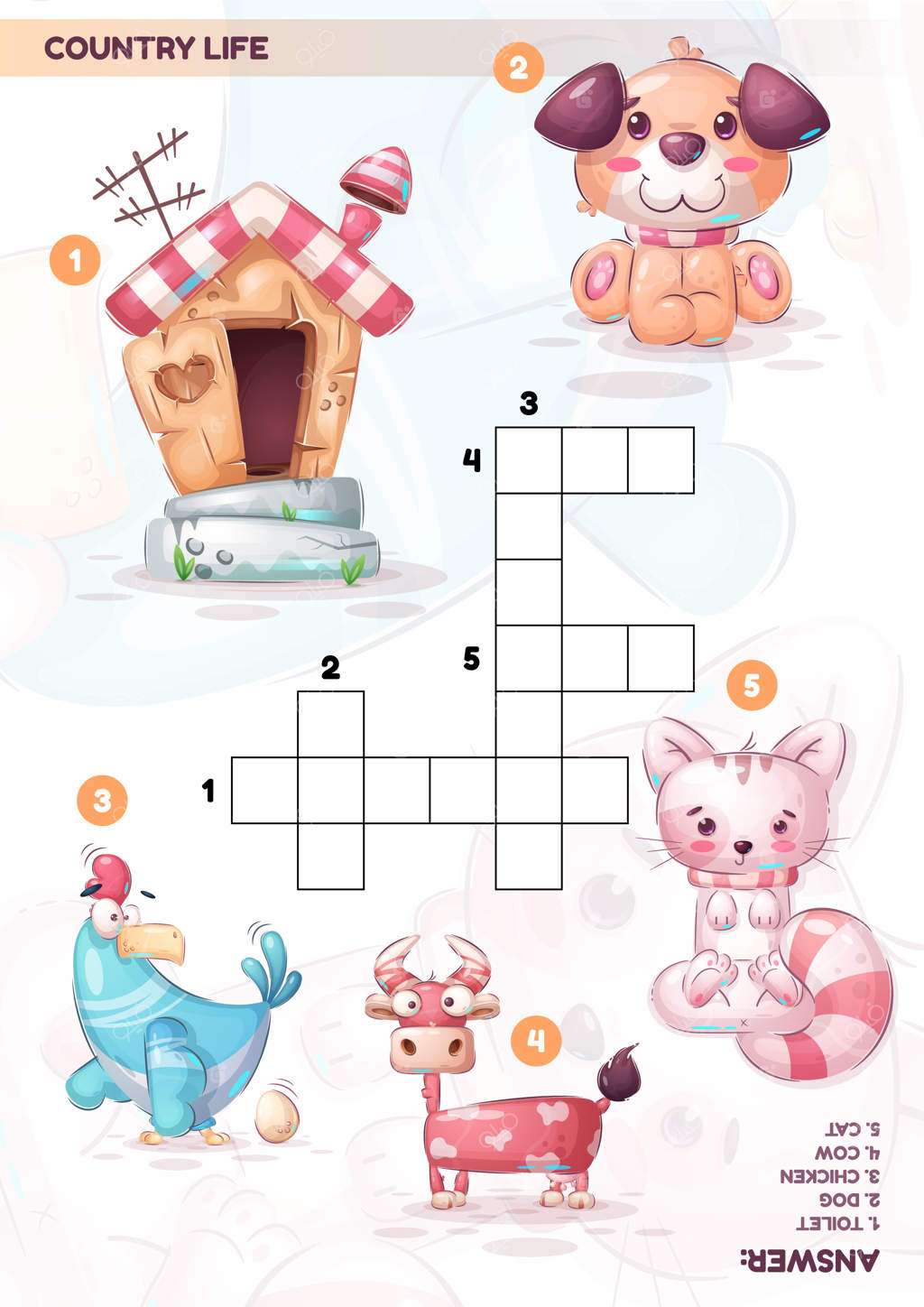 زندگی در روستا - جدول کلمات متقاطع برای یادگیری واژگان انگلیسی. فرمت وکتور eps 10