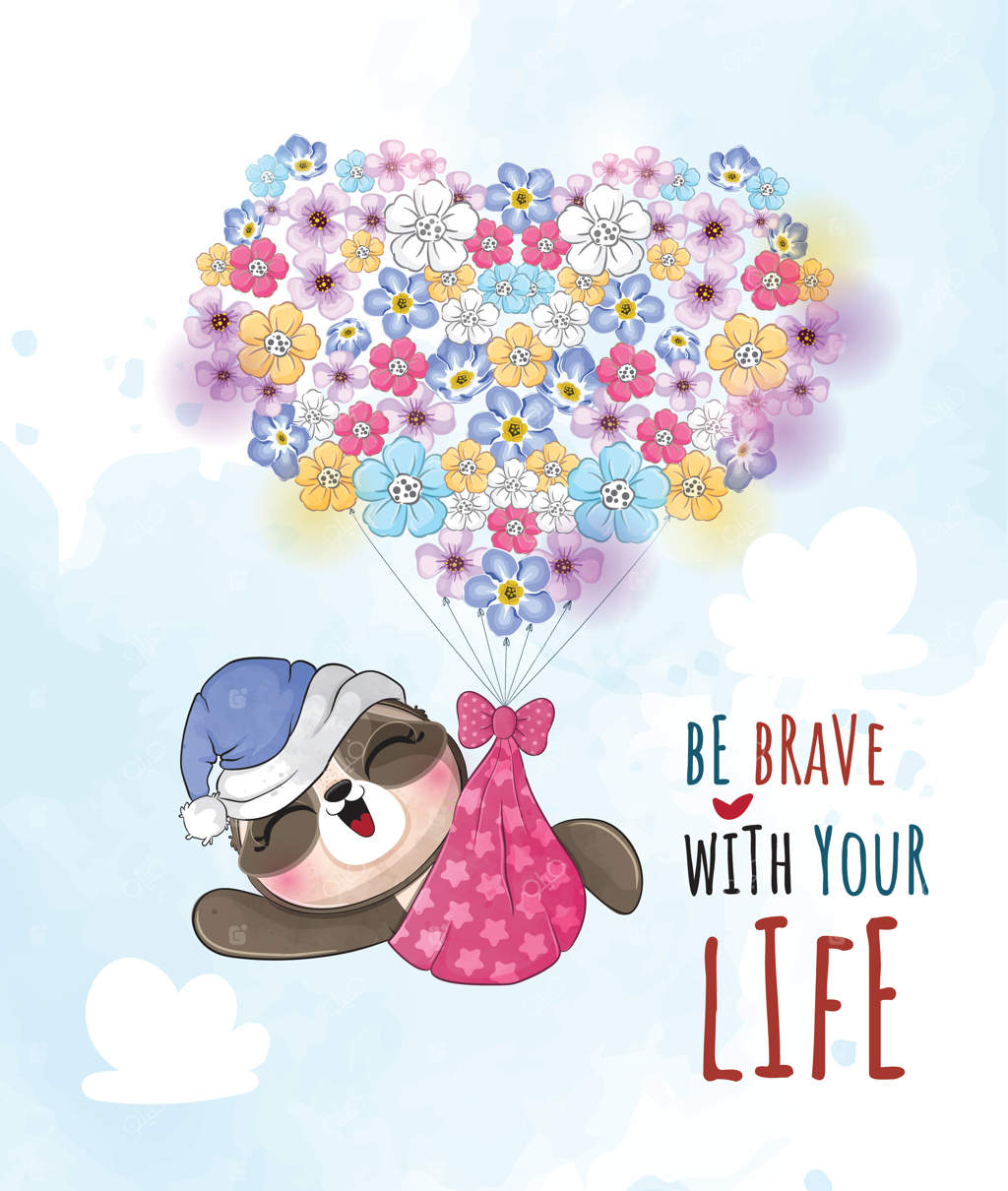 تصویر بامزه تنبل کوچک در حال پرواز با گل‌ها - شخصیت تنبل آبرنگی بامزه