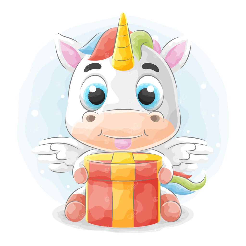 یونیکورن بامزه با هدیه و نقاشی آبرنگی