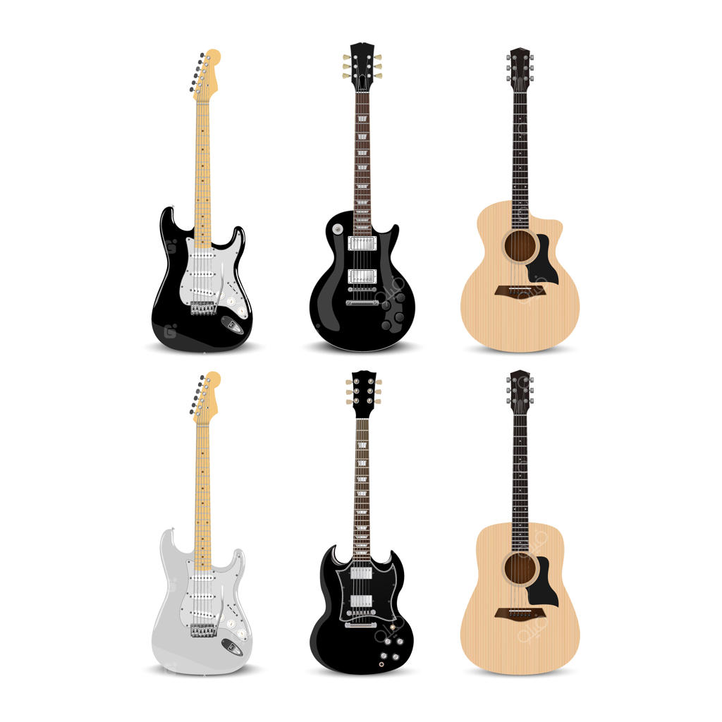 وکتور گیتار الکتریک و آکوستیک واقع‌گرایانه در پس‌زمینه سفید