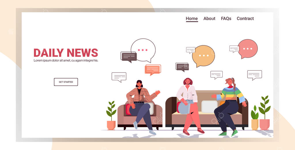 دوستان در حال بحث درباره اخبار روزانه در چت جلسه. زنانی که با هم در حال گذراندن وقت هستند در فضای داخلی اتاق نشیمن. تصویر افقی با فضای خالی برای کپی.