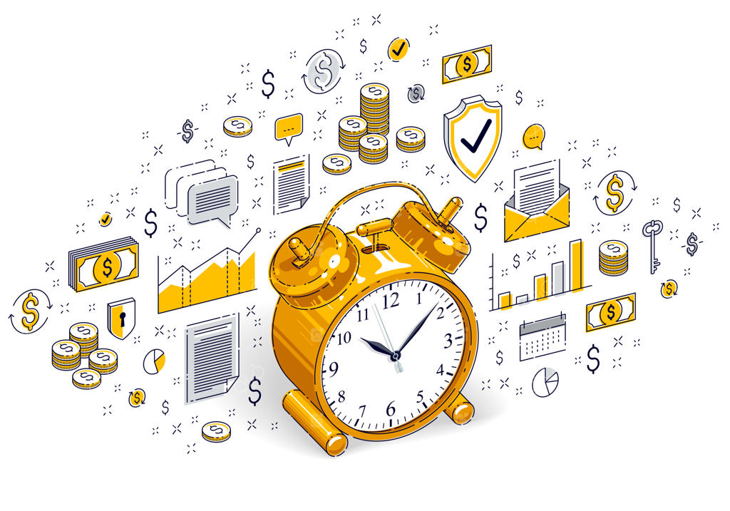 ساعت زنگ‌دار رومیزی بر روی پس‌زمینه سفید: مفهوم زمان‌بندی، مهلت در تجارت و اینکه زمان پول است. تصویر ایزومتریک سه‌بعدی از تجارت با نمادها، نمودارهای آماری و عناصر طراحی.