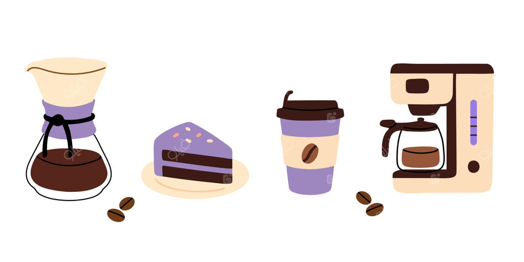 ابزار قهوه ریختنی همراه با کیک، فنجان قهوه و دانه‌های برشته