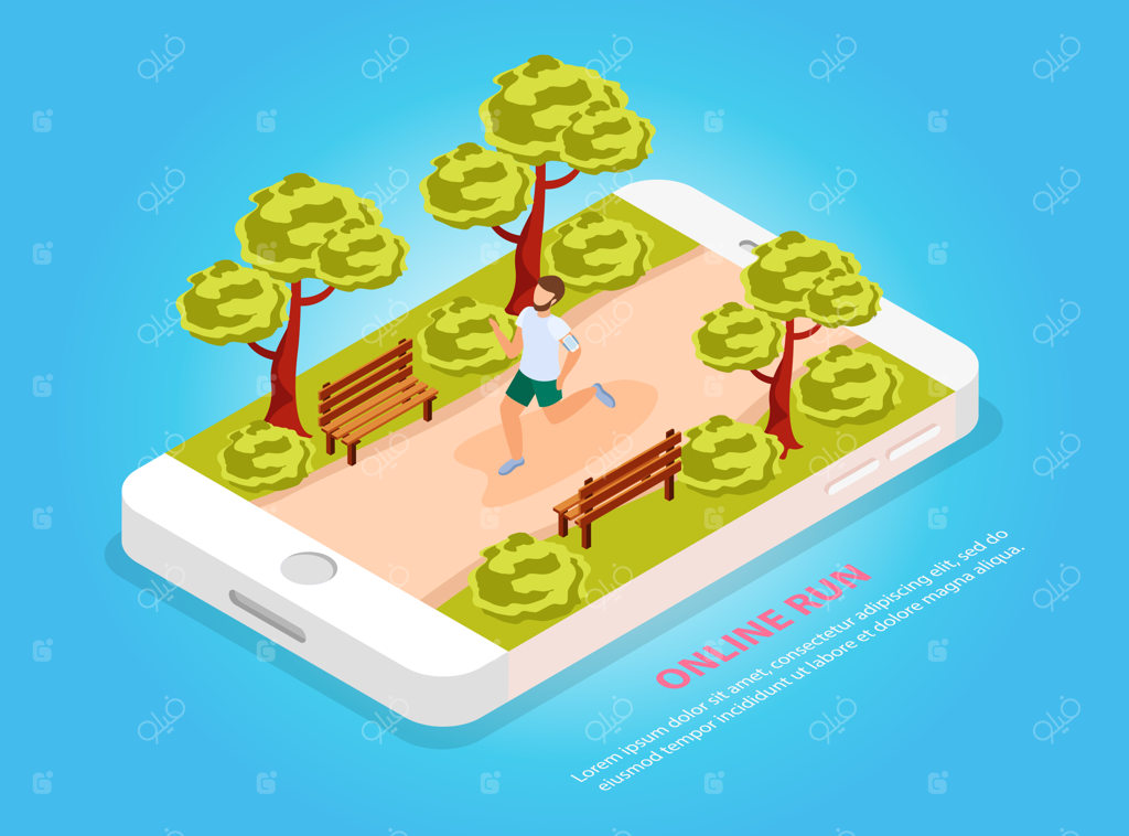 طرح ایزومتریک جامعه آنلاین دوندگان و ورزش شهروندان با تصویر دونده در پارک روی صفحه موبایل