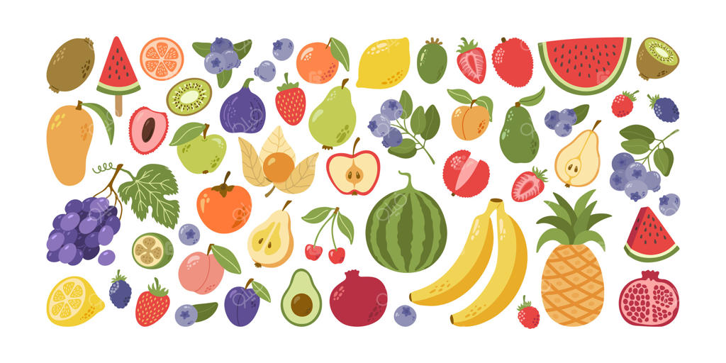 مجموعه میوه‌ها و توت‌های تابستانی، استوایی و باغی با برگ‌ها. طراحی دستی کارتونی.