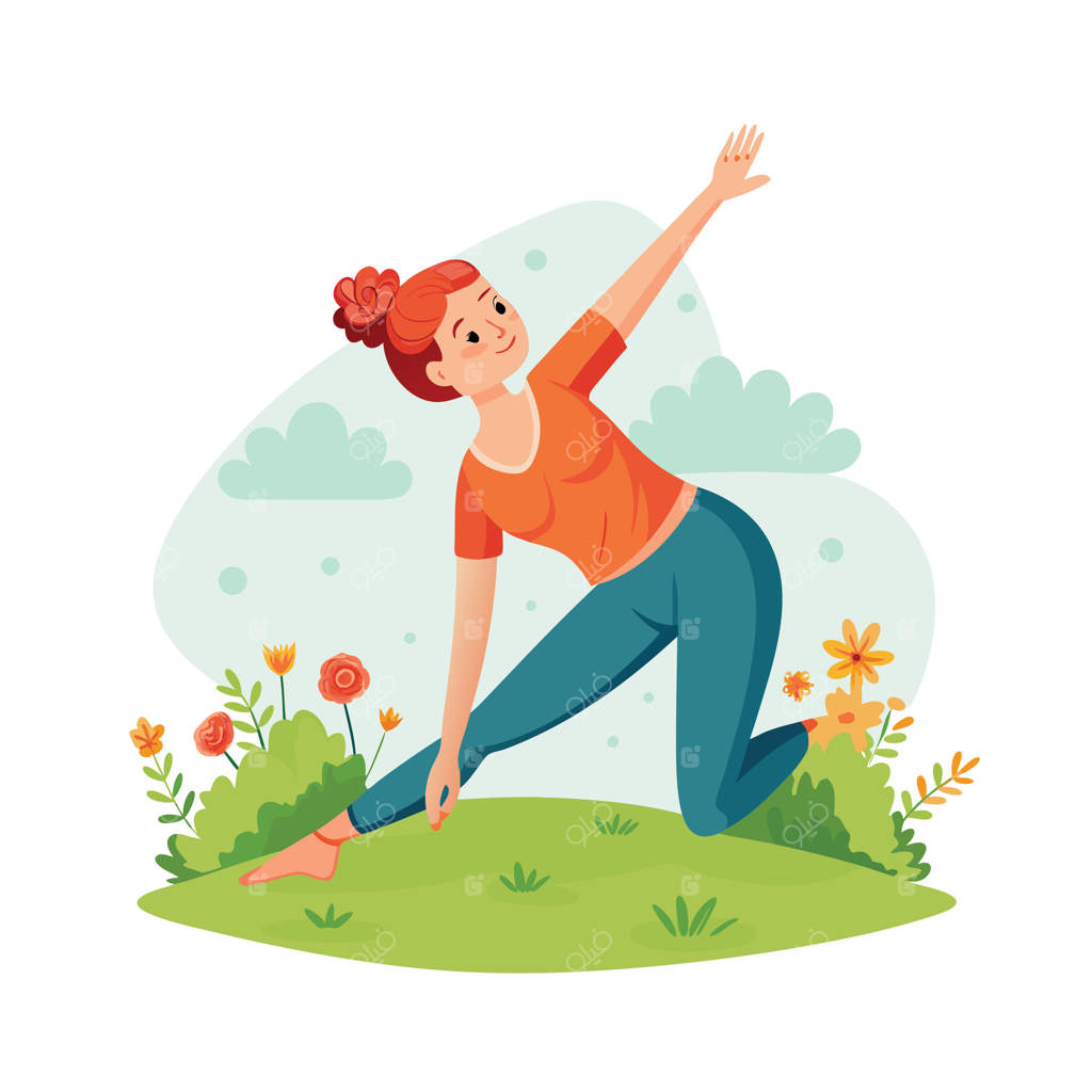 زنی که در باغی پر از گل به یوگا می‌پردازد: مناسب برای وب‌سایت‌ها و شبکه‌های اجتماعی در زمینه تندرستی و سبک زندگی سالم