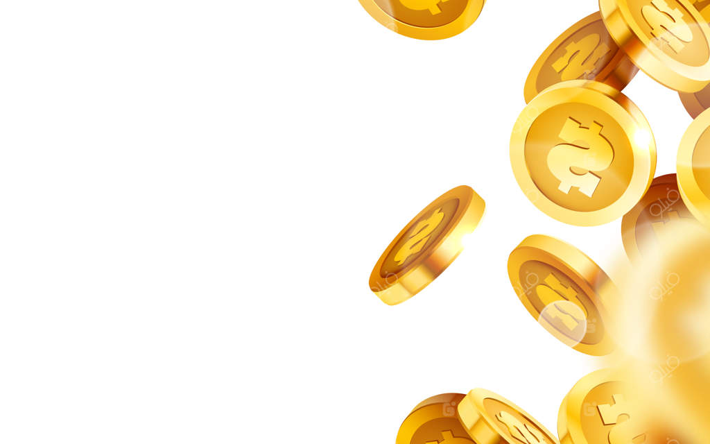 سقوط سکه‌ها، پول در حال ریزش، باران طلایی، مفهوم جکپات یا موفقیت در زمینه‌ای مدرن