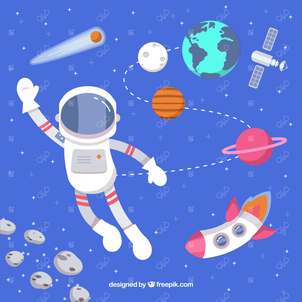 پس‌زمینه فضانورد در حال سلام دادن به همراه موشک و سیاره‌ها