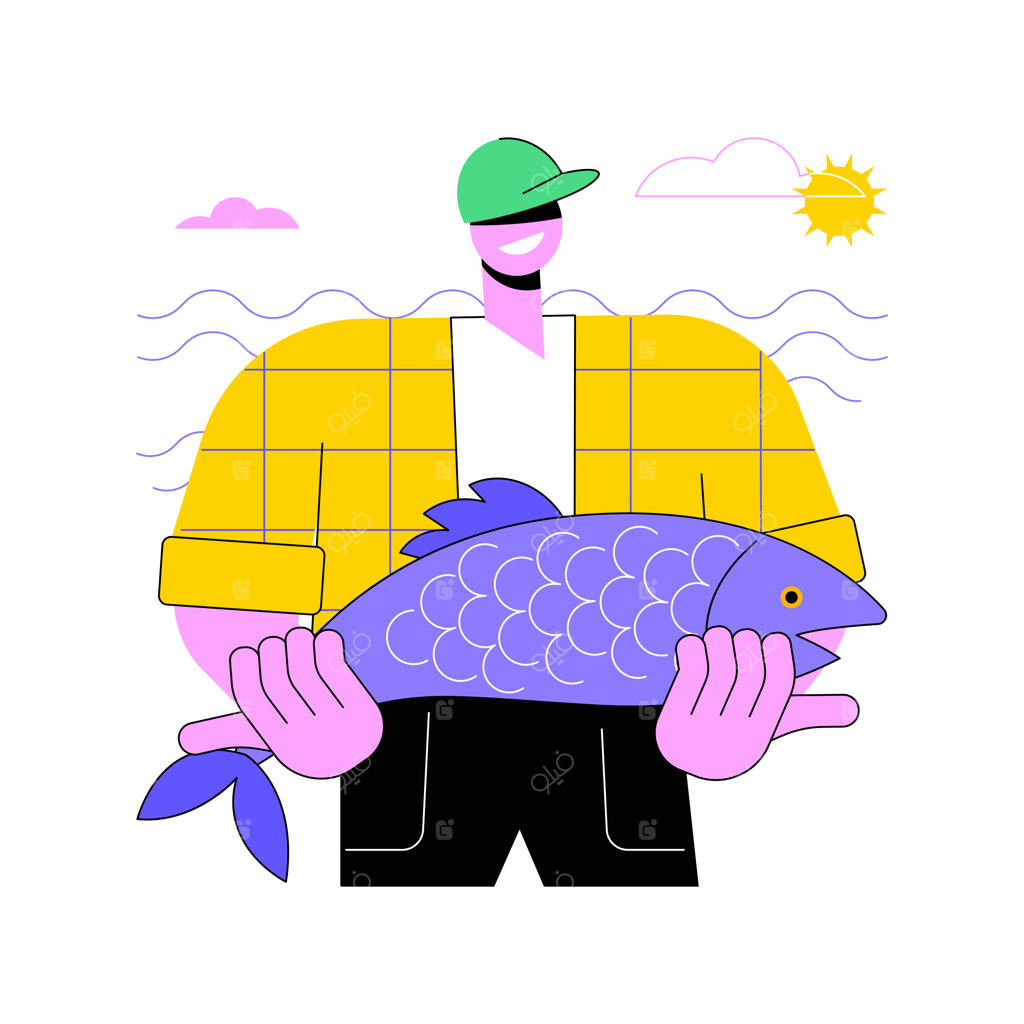 وکتور کارتونی صید عالی؛ تصویرسازی ایزوله مرد خوشحال با ماهی بزرگ در دست، سرگرمی ماهیگیری و نمایش صید به عنوان جایزه