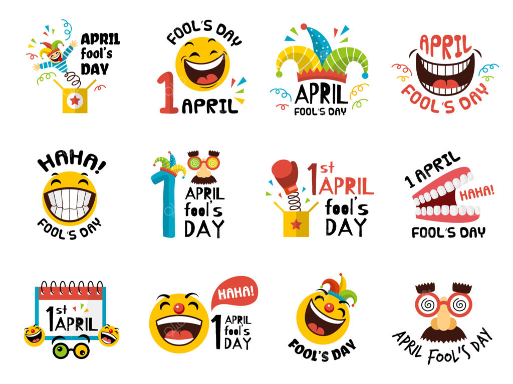 مجموعه قالب‌های وکتور جدید نمادها، نشان‌ها و لوگوهای روز دروغ اول آوریل با فضای خالی برای متن