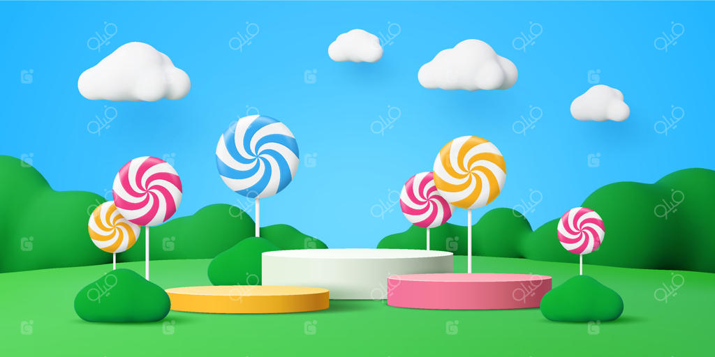 سکوی کودکان با آب‌نبات‌ها در چمنزار