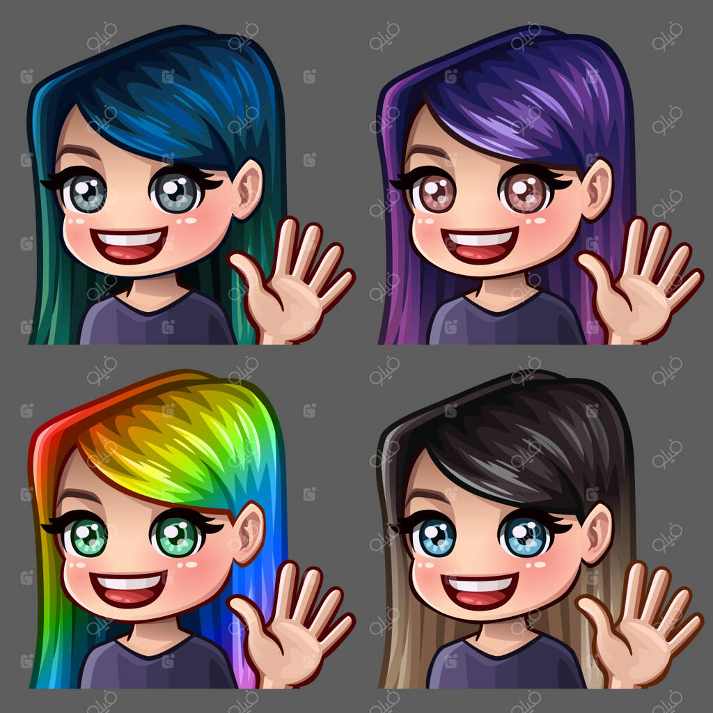 آیکون‌های احساسی لبخند زنانه با موهای بلند برای شبکه‌های اجتماعی و استیکرها