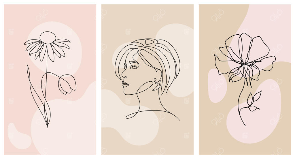 مجموعه پوستر: پرتره زن و گل‌ها، هنر خطی، خط مشکی بر روی پس‌زمینه رنگارنگ پاستلی抽