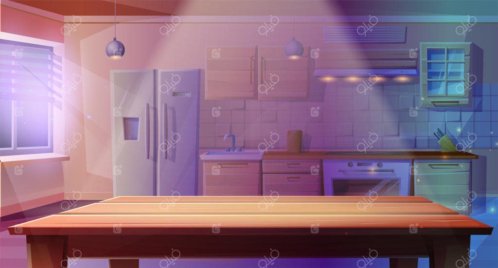 تصویرسازی مدرن به سبک کارتونی از آشپزخانه شبانه با فر روشن و میز ناهارخوری در تاریکی