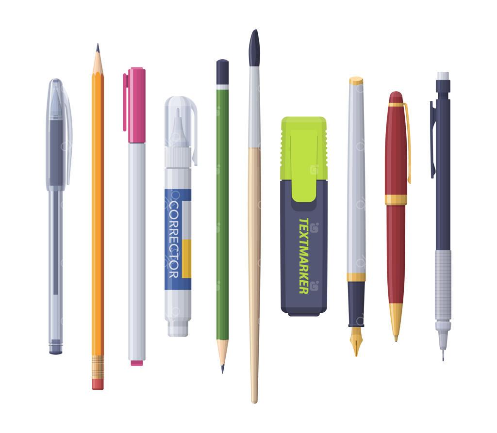 مجموعه لوازم التحریر: خودکار، مداد، ماژیک، غلط‌گیر، قلم‌مو، تراش