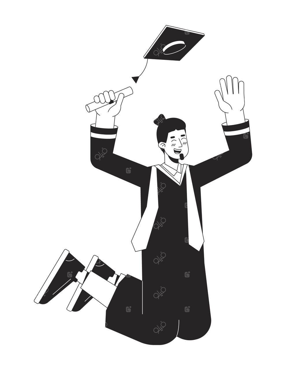 وکتور کاراکتر خطی تخت سیاه‌وسفید مرد فارغ‌التحصیل سفیدپوست در حال پریدن، دانشجوی شاد تمام‌قد با لباس فارغ‌التحصیلی، تصویرسازی مجزای کارتونی ساده با دورخط قابل ویرایش برای طراحی وب