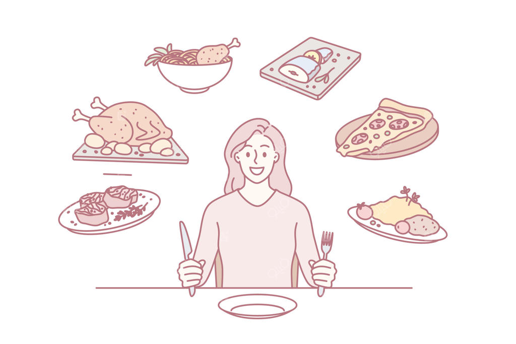 خوراک‌خوری خوشحال در میان انواع خوراکی‌های لذیذ - وکتور پرو