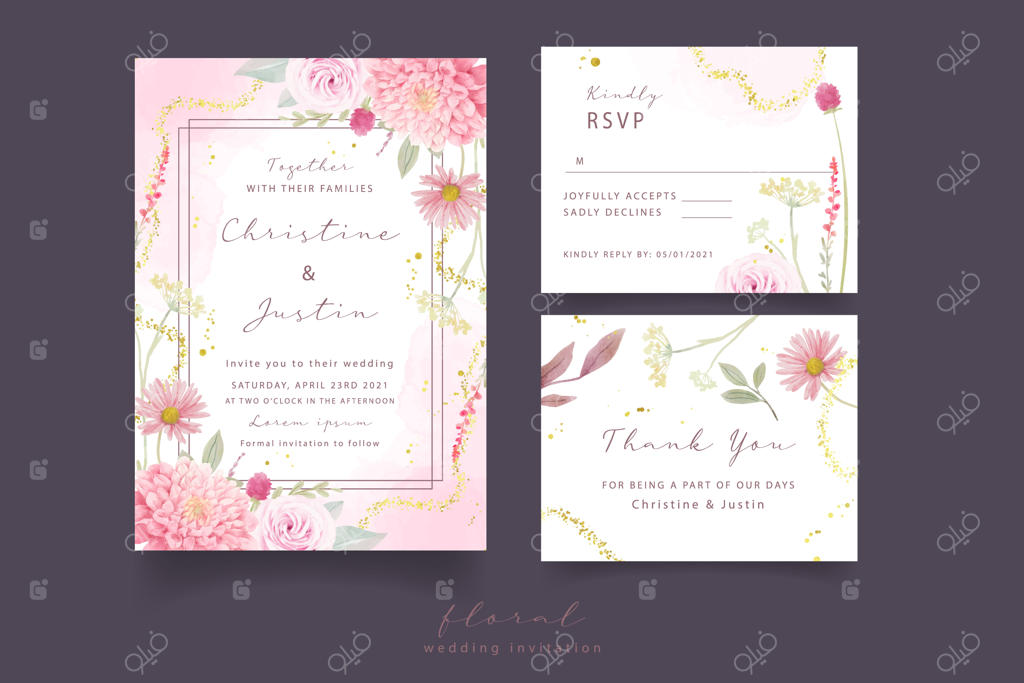 دعوت‌نامه عروسی با طرح گل‌های آبرنگی رز، گل کوکب و ژربرا