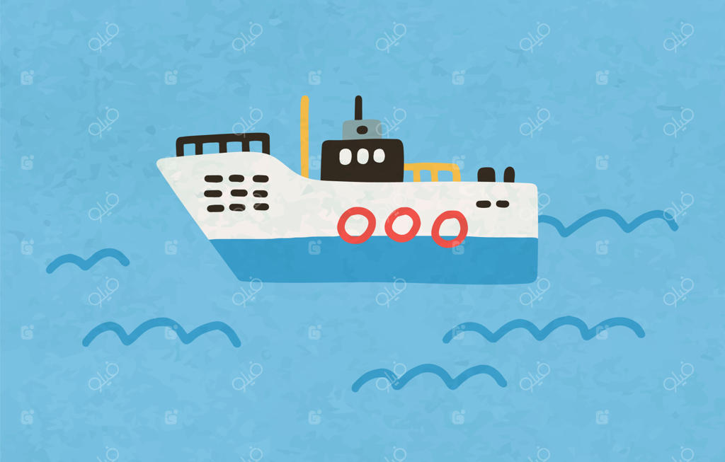 کشتی شناور در آب‌های اقیانوس. قایق اسباب‌بازی دریایی به سبک دودل. نمای جانبی از قایق کودکانه با حلقه‌های نجات. منظره دریا با وسیله نقلیه شناور. تصویرسازی برداری تخت